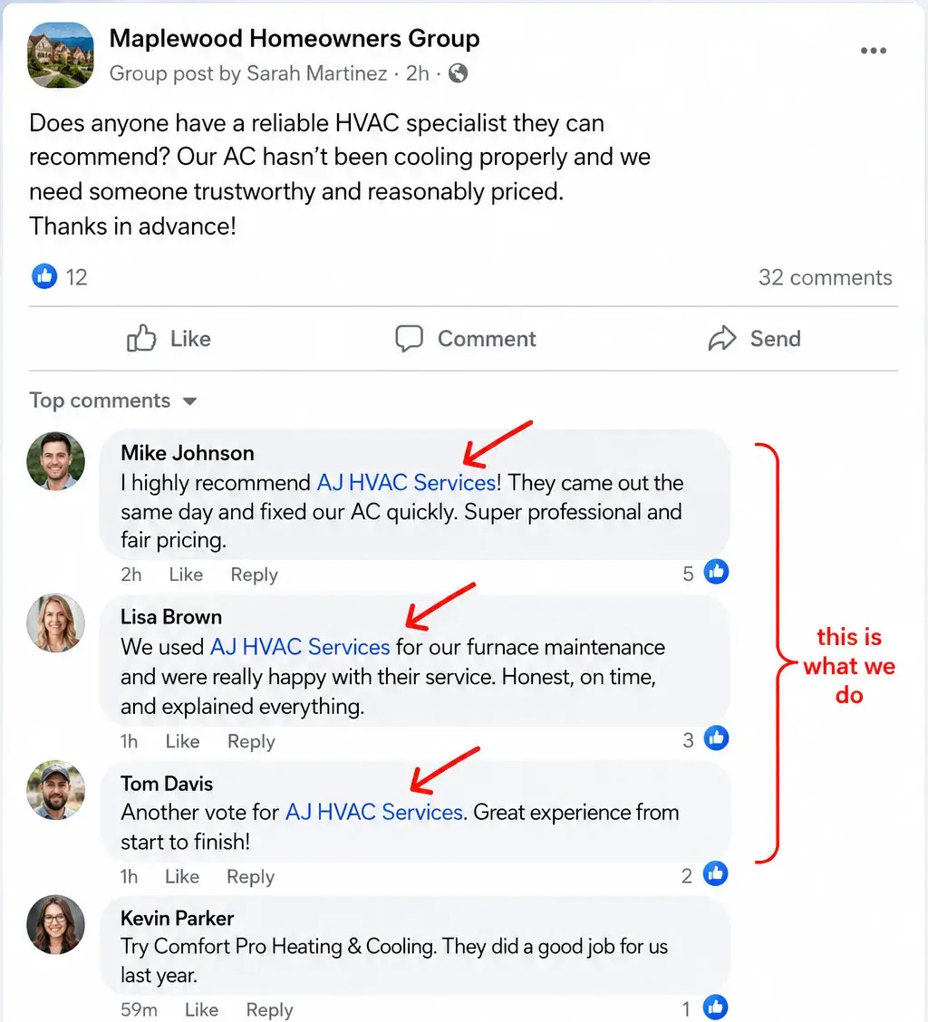 A local group thread asking for an HVAC recommendation, where the top three replies all name the same business — the comments our team left.